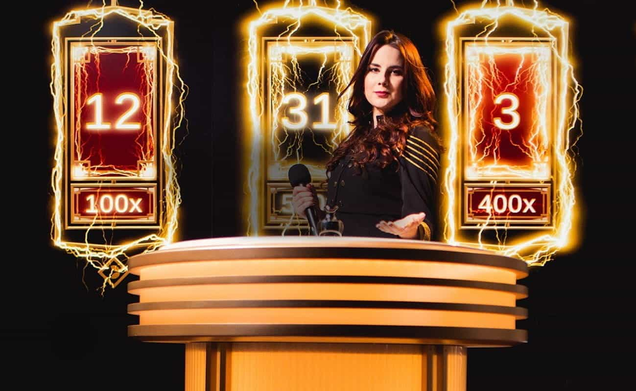 A promotional image for Lightning Roulette Showing a live dealer behind a podium surrounded by lightning effects.