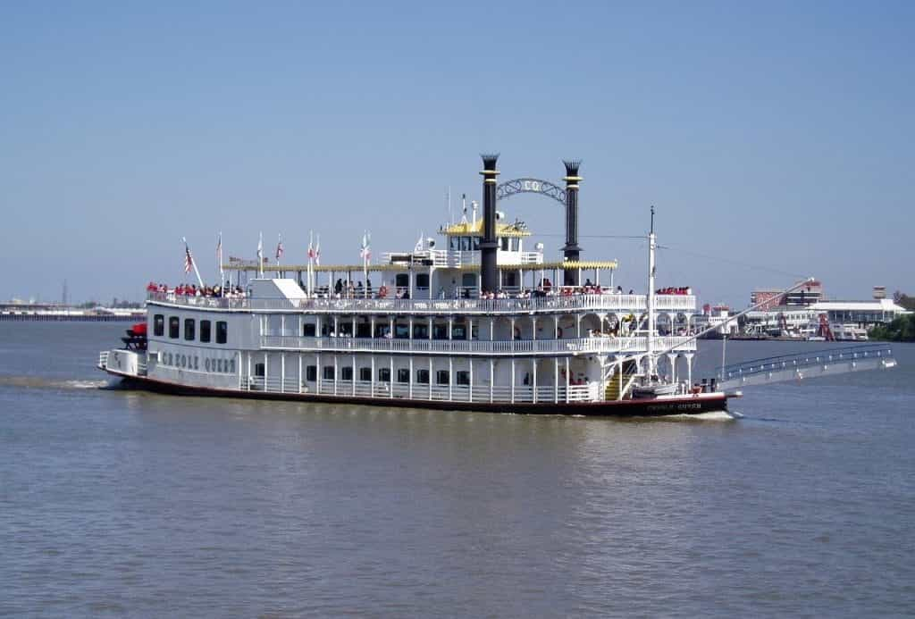 A riverboat paddle steamer sails in New Orleans, Louisiana. 