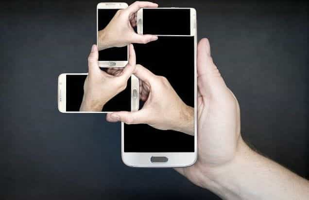 A collage of hands holding a large smartphone with the screen facing up.