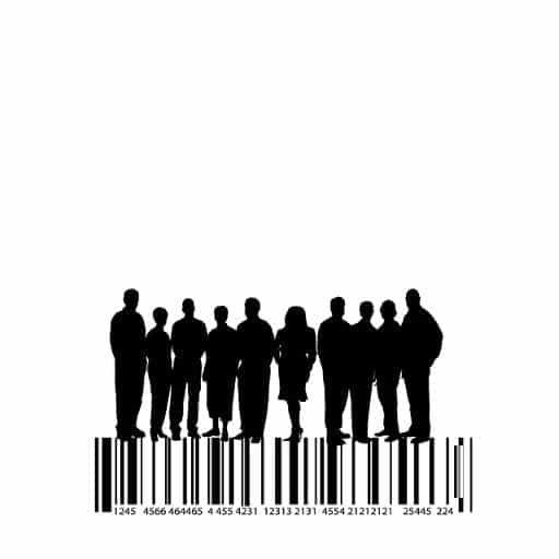 The black silhouettes of a group of people standing on top of a barcode on a plain white background.