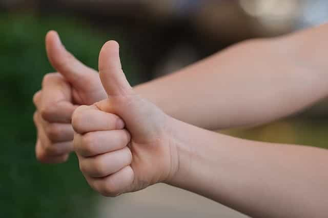 Two people’s hands giving the thumbs up sign in approval.