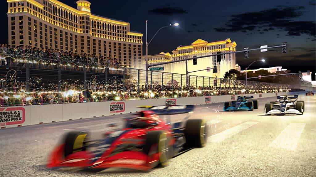 At artist impression of 2023’s Formula 1 contest in Las Vegas.