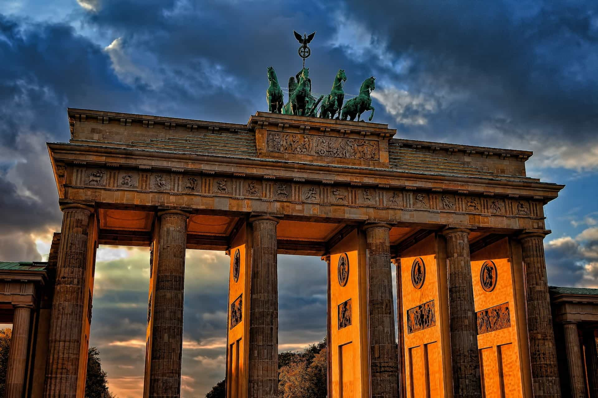 The Brandenburg Gate viewed at sunset.