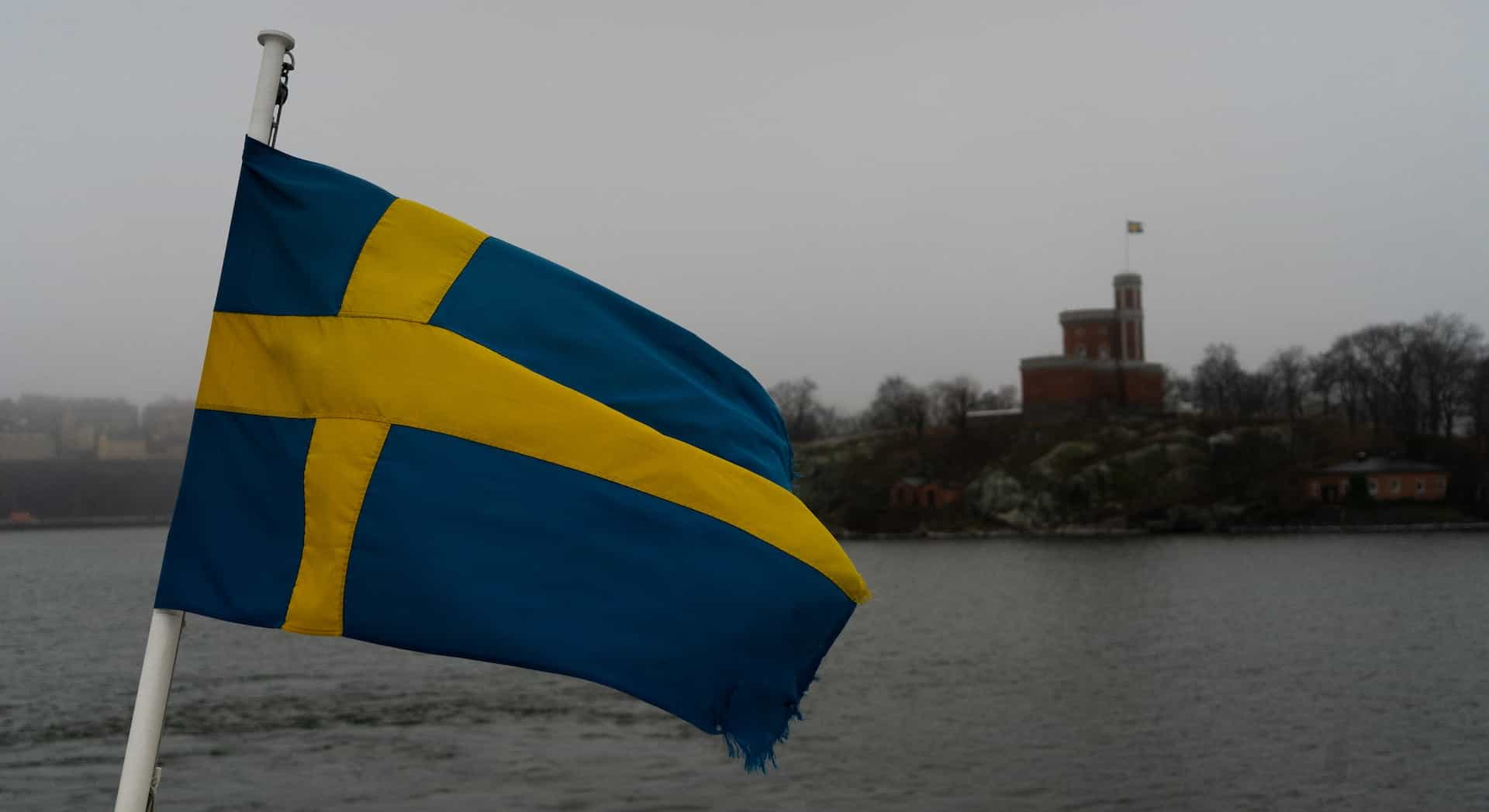 A blue and yellow flag against a cloudy and dull sky